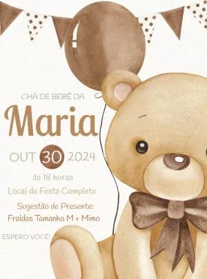 Convite Chá de Bebê Ursinho Aquarela para Editar Online
