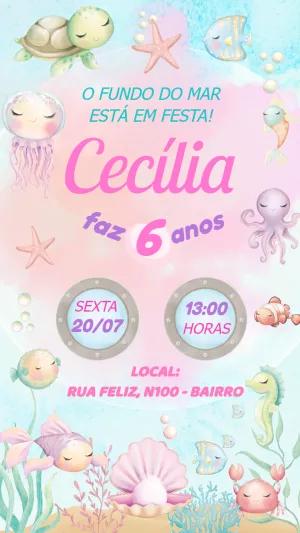 Convite Aniversário Fundo do Mar Menina para Editar Online