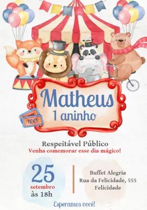 Convite Aniversário Circo com Animais Fofos para Editar Online