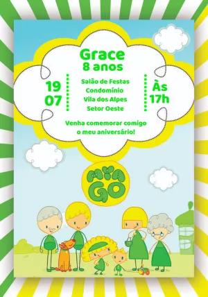 Convite de Aniversário Mya Go com Personagens para Editar