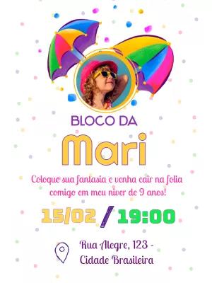 Convite Aniversário Bloco de Carnaval com Foto para Editar