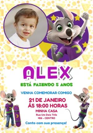Convite Aniversário Chuck E. Cheese com Foto para Editar Online