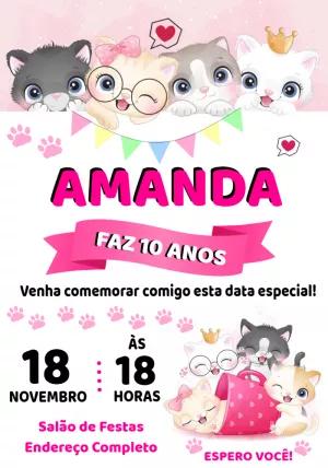 Convite de Aniversário Gatinhas Fofas para Editar Online