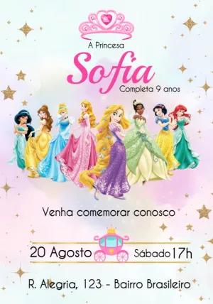 Convite de Aniversário Princesas Disney para Editar Online