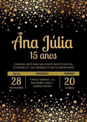 Convite de 15 Anos Dourado e Preto para Editar Online
