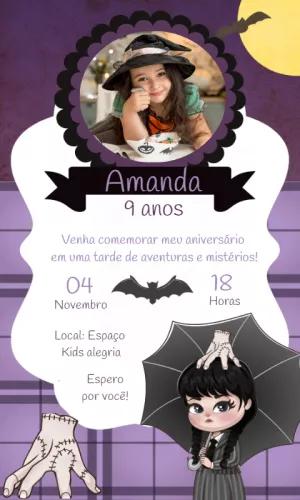 Convite Aniversário Wandinha Addams com Foto para Editar