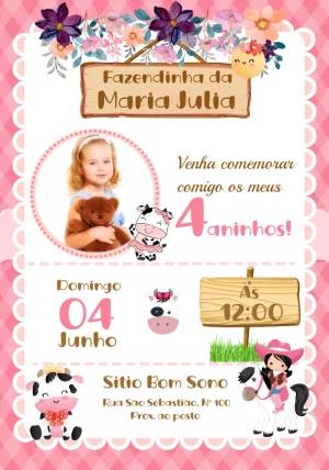 Convite Aniversário Fazendinha Rosa com Foto para Editar