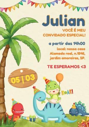 Convite Aniversário Dinossauro Baby Fofo para Editar Online