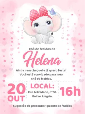 Convite Chá de Fraldas Elefantinha Rosa para Editar Online