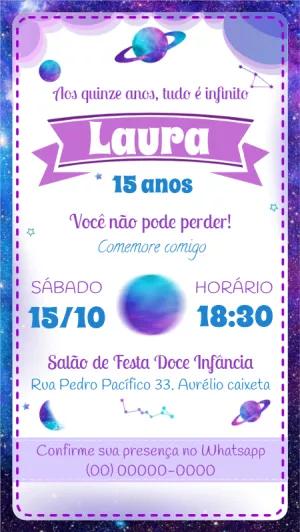 Convite de 15 Anos Galáxia Roxo para Editar Online