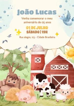 Convite de Aniversário Fazendinha Aquarela para Editar Online