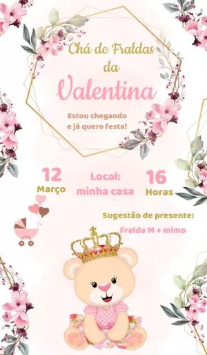 Convite Chá de Fraldas Ursinha Princesa para Editar Online