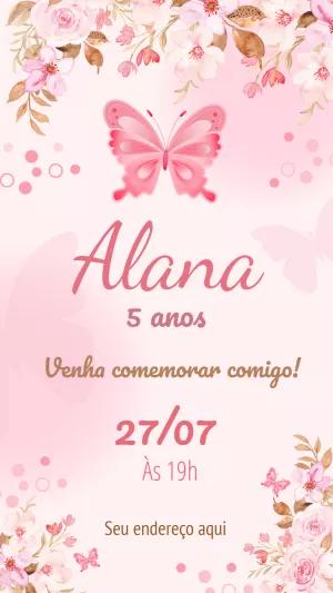 Convite Aniversário Jardim das Borboletas Aquarela Rosa para Editar