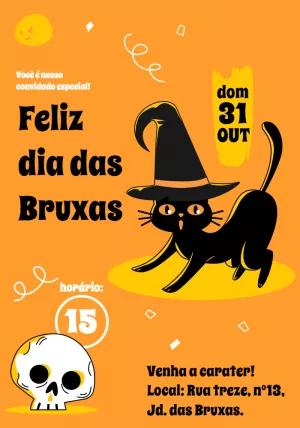 Convite Dia das Bruxas com Gato Preto para Editar Online