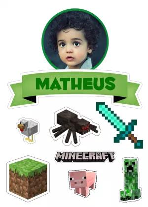 Topo de Bolo Minecraft com Foto Editável para Imprimir