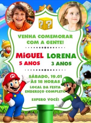 Convite Aniversário Duplo Super Mario com Foto para Editar