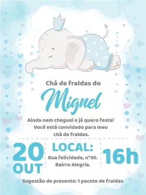 Convite Chá de Fraldas Elefantinho Azul para Editar Online