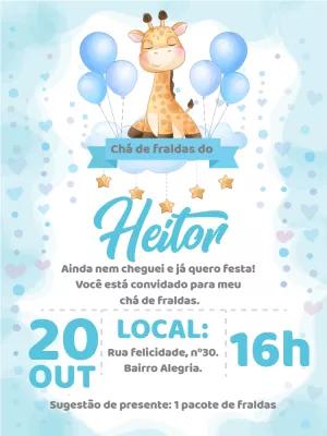 Convite Chá de Fraldas Girafinha Azul para Editar Online