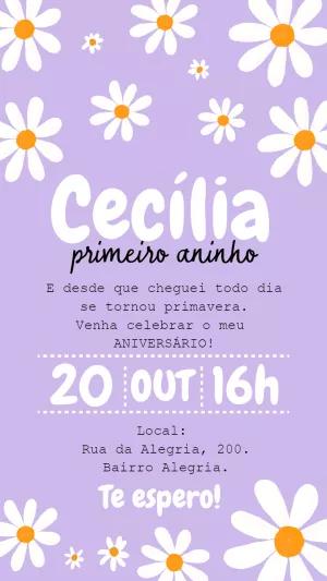 Convite Aniversário Floral Margaridas Lilás para Editar