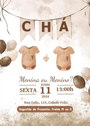 Convite Chá Revelação Boho Aquarela para Editar Online