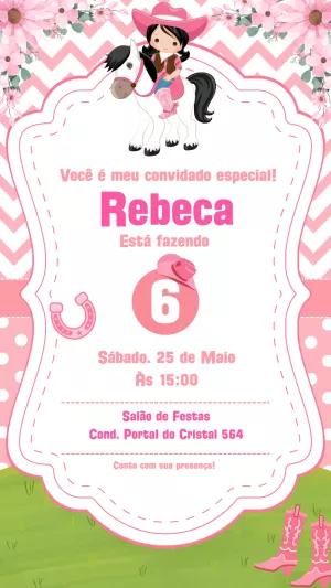 Convite Aniversário Vaqueira Rosa para Editar Online