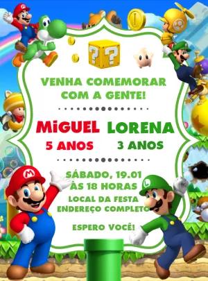 Convite Aniversário Duplo Mário e Luigi para Editar Online