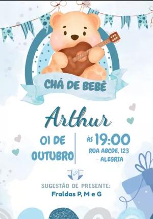 Convite Chá de Bebê Ursinho Azul para Editar Online