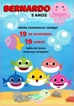 Convite Aniversário Baby Shark com Personagens para Editar Online