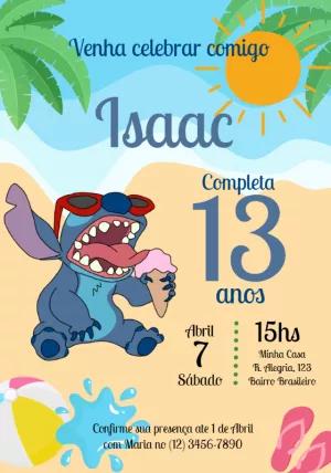 Convite de Aniversário Stitch Praia Editável para Imprimir