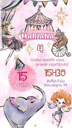 Convite Aniversário Circo Rosa com Personagens para Editar Online