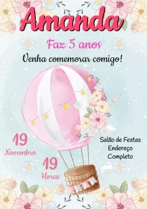 Convite Aniversário Balão Aquarela Floral para Editar Online