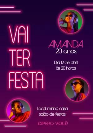 Convite de Aniversário Neon com Foto para Editar Online
