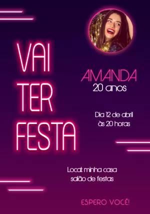 Convite de Aniversário Neon com Foto para Editar Online
