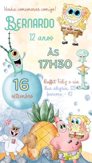 Convite Aniversário Bob Esponja e sua Turma para Editar Online