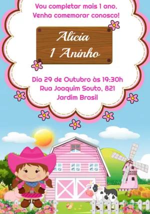 Convite Aniversário Fazendinha Rosa Menina para Editar Online