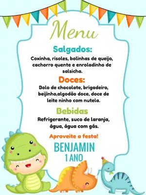 Menu de Aniversário Dinossauro Baby para Editar e Imprimir