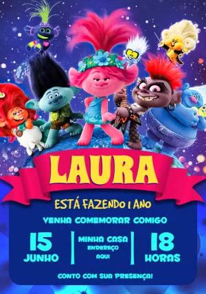 Convite de Aniversário Trolls Colorido para Editar Online