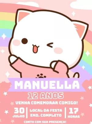 Convite Aniversário Mochi Cat Fofo para Editar Online