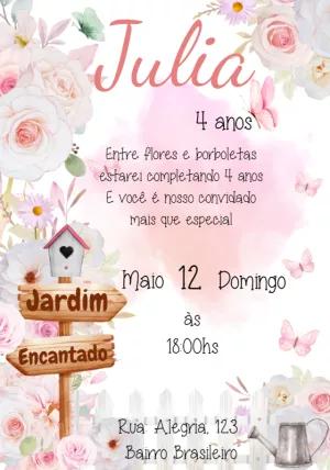 Convite Aniversário Jardim Encantado com Flores para Editar Online
