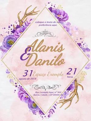 Convite de Casamento Boho com Flores Roxas para Editar Online