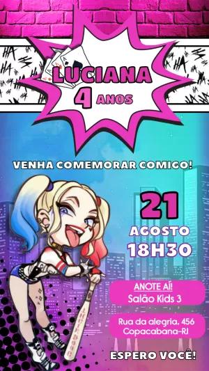 Convite de Aniversário Arlequina em Quadrinhos para Editar Online