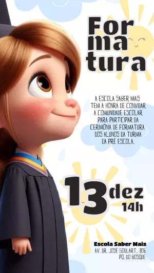 Convite Formatura Infantil com Menina Formanda para Editar