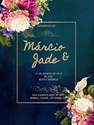 Convite de Casamento Floral Azul e Dourado para Editar