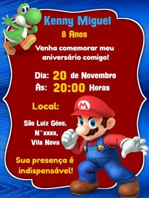 Convite de Aniversário Super Mario e Yoshi para Editar Online