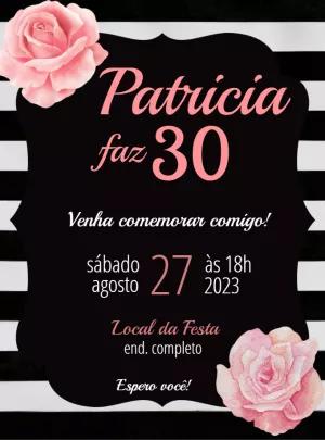Convite Aniversário Floral Listrado com Rosas para Editar