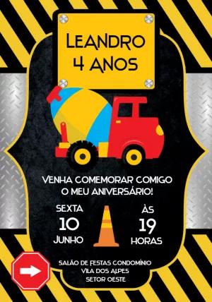 Convite Aniversário Construção com Caminhão para Editar Online