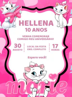 Convite Aniversário Gatinha Marie Rosa para Editar Online