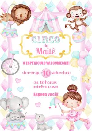 Convite Aniversário Circo Rosa com Animais para Editar Online