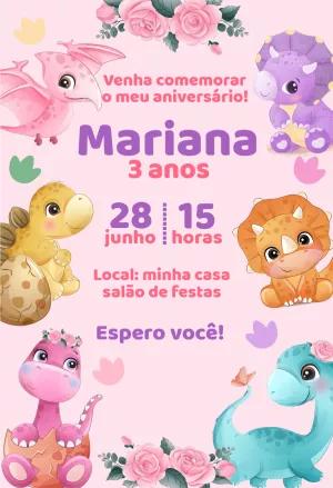 Convite Aniversário Dinossauro Rosa para Editar Online