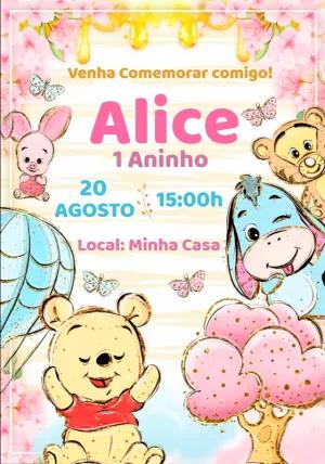 Convite Aniversário Ursinho Pooh Aquarela para Editar Online